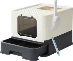 Songmics Feandrea Kattenbak, Kattentoilet, Met Deksel, Uittrekbaar Dienblad, Schep, Borstel, Ruim Voor Katten Tot 15 Kg, Minder Sporen, Lekvrije Bodem, Beige-zwart PPT001W01