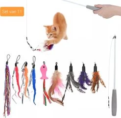 Kattenhengel – Set Van 11 – 1 Hengel En 10 Hangers – Interactief Speelgoed Voor Kat Of Kitten – Anti Slip Handvat