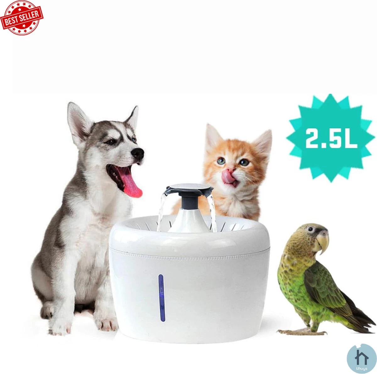 Thuys Drinkfontein Kat En Hond – Automatische Waterfontein Kat – Geluidloos Waterdispenser – Nachtlamp – USB Oplaadbaar – Houtskool Filter – Wit – 2.5L – 700g 1 Thuys Drinkfontein Kat En Hond – Automatische Waterfontein Kat – Geluidloos Waterdispenser – Nachtlamp – USB Oplaadbaar – Houtskool Filter – Wit – 2.5L – 700g