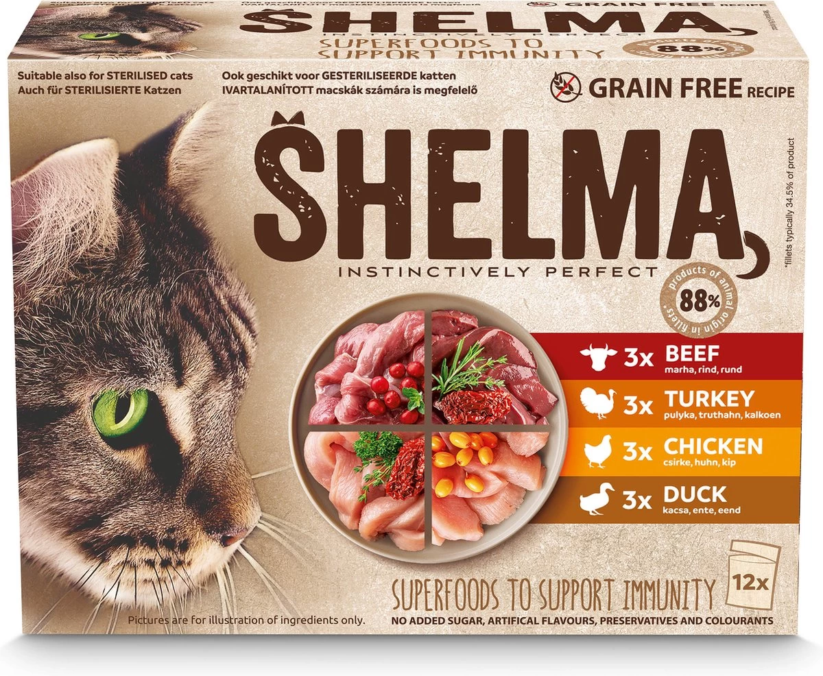 Shelma Kattenvoer – Natvoer Filets In Saus Met Kip – Rund – Eend En Kalkoen – 48 X 85 G