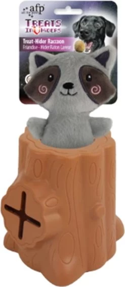 AFP Treat Hider – Tree-hider Raccoon – Trekspeeltje Hond – Ideaal Om Traktaties In Te Verstoppen – Uitdagend Hondenspeelgoed – Wasbeer – Boomstam – Rubber/Polyester – Bruin/grijs
