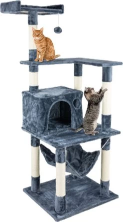 MaxxPet Grote Krabpaal – Krabpaal Met 3 Comfortabele Uitkijkplatforms – Kattenspeelgoed Met 3 Knuffelholen – Dikke Palen – 60x50x160 Cm – Grijs