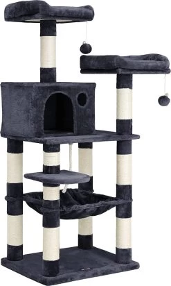 Krabpaal – 143 Cm – Klimpaal Voor Katten – Kattenboom – Hangmat En Grot – Met 2 Gezellige Uitkijkplateaus – Grijs – PCT15GYZ