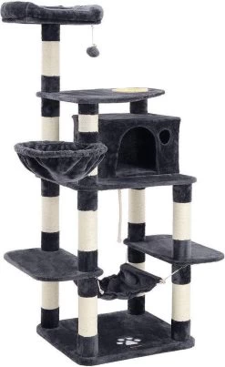 Segenn’s Krabpaal – Met Voerbak – Stevige Krabpaal Met Kattenbak – Krabpalen Omwikkeld Met Sisal – Mand En Grot – Klimboom Voor Katten 164 Cm Hoog – Rookgrijs