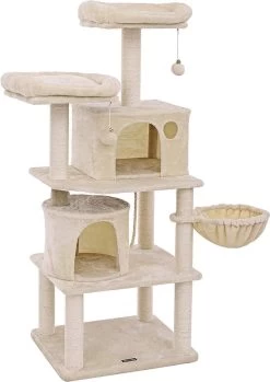Stabiele Krabpaal Met Sisal Krabstaven, Pluche Zitkuilen, Een Mand En 2 Huisjes, Klimboom Voor Katten, Beige