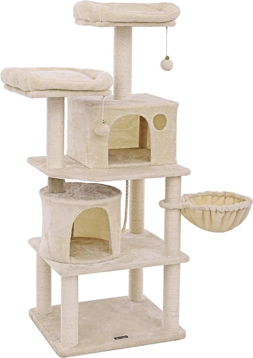 Stabiele Krabpaal Met Sisal Krabstaven, Pluche Zitkuilen, Een Mand En 2 Huisjes, Klimboom Voor Katten, Beige 1 Stabiele Krabpaal Met Sisal Krabstaven, Pluche Zitkuilen, Een Mand En 2 Huisjes, Klimboom Voor Katten, Beige