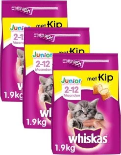 Whiskas Brokjes Junior – Kip – Kattenvoer – 3 X 1.9 Kg