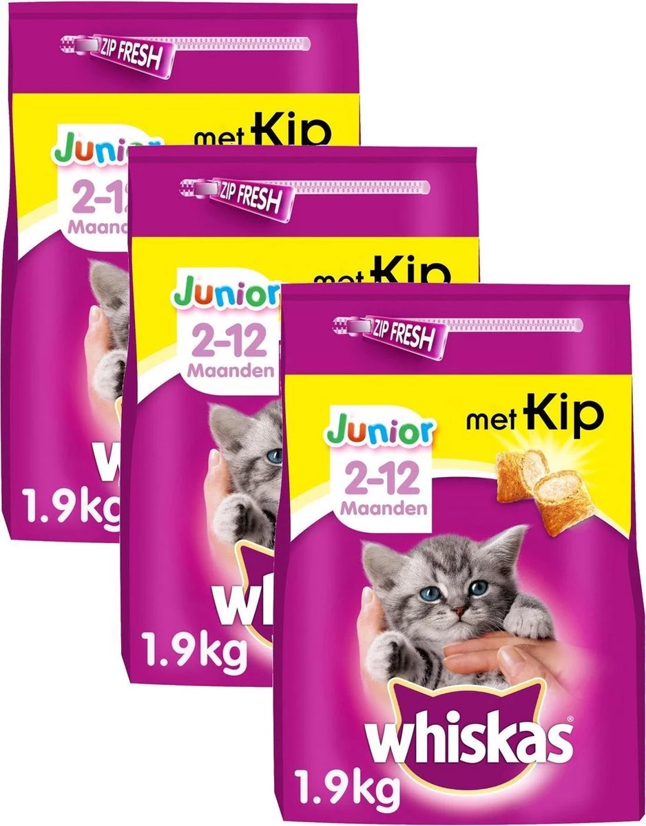 Whiskas Brokjes Junior – Kip – Kattenvoer – 3 X 1.9 Kg